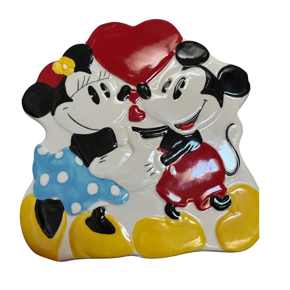 Vintage 1970s Disney Ceramic Trivet Red Heart Mickey and Minnie Treasure Craft